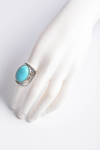 Oval Turquoise Stone Floral Engraved Silver Ring