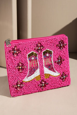 Western Boot Beaded Credit Card Coin Purse in Pink