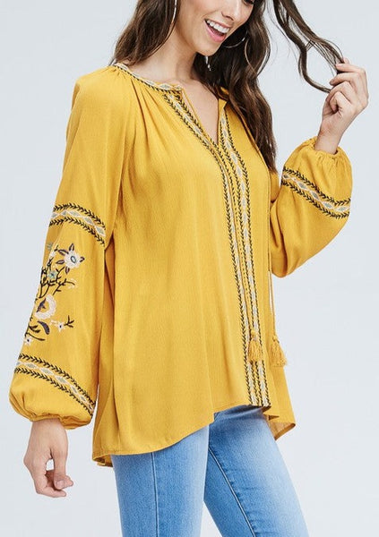 Golden Hour Floral Embroidered Sleeve Top