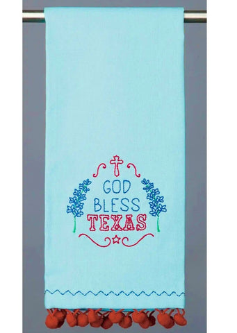 God Bless Texas Pom Pom Embroidered Kitchen Towel