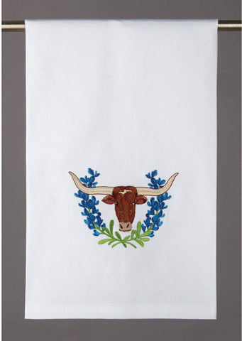 Blue Bonnet Long-Horn Embroidered Kitchen Towel