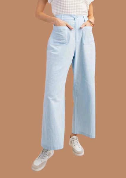 Baby Blue Linen High Rise Wide Leg Pants