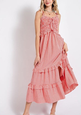 Red and White Gingham Tiered Maxi Western Dress