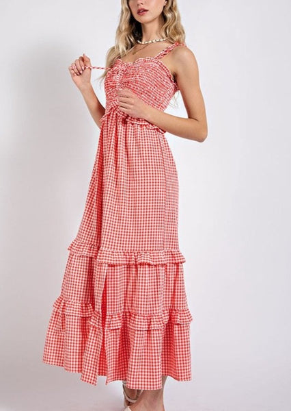 Red and White Gingham Tiered Maxi Western Dress