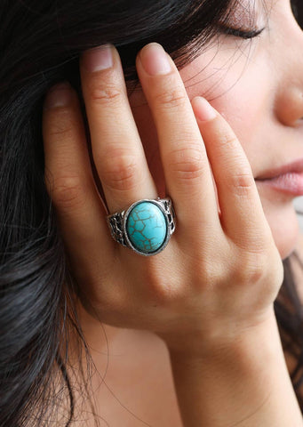 Bohemian Oval Cut Adjustable Turquoise Ring on