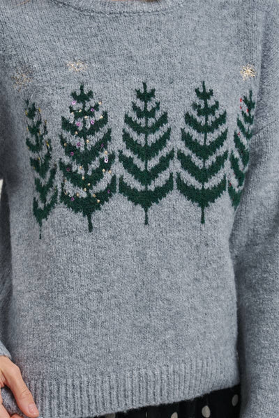 COZY CHRISTMAS TREE HOLIDAY SWEATER TOP_JLT00375-01: GREY / S-M-L(2-2-2)