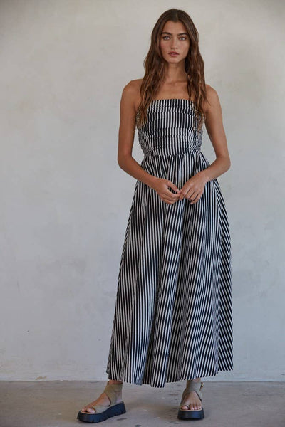 L6998 | Striped Tube Neck Strapless Flare Maxi Dress: Dusty Blue / M