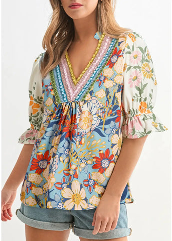 Boho Crochet Detail Half Sleeve Floral Blouse