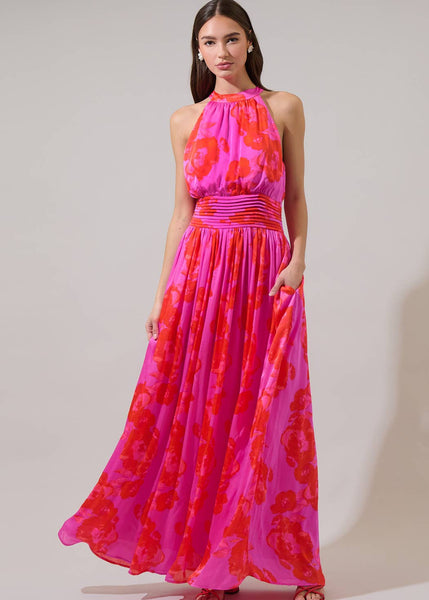 Lailah Floral Halter Maxi Dress in Magenta with Red Flowers