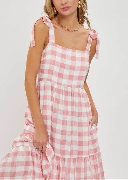Pink and White Gingham Tiered Maxi Dress