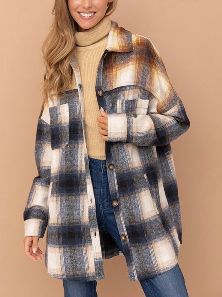 Brushed Two Tone Plaid Button Down Shirt Jacket
