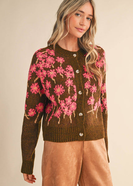 Cheery Floral Knit Cardigan Sweater