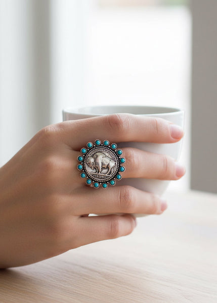 Western Turquoise Stone Buffalo Coin Cuff Ring