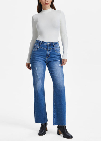 Stretch High Rise Straight Jeans with Raw Hem
