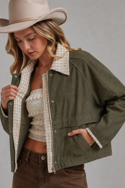 VINTAGE OXFORD CANVAS TWILL FALL JACKET_JLT00253-01: OLIVE/OATMEAL / S-M-L(2-2-2)