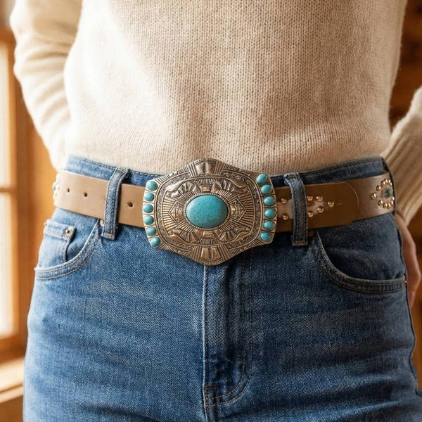 Turquoise Stone Western Concho Buckle Faux Leather Belt in Gold and Brown