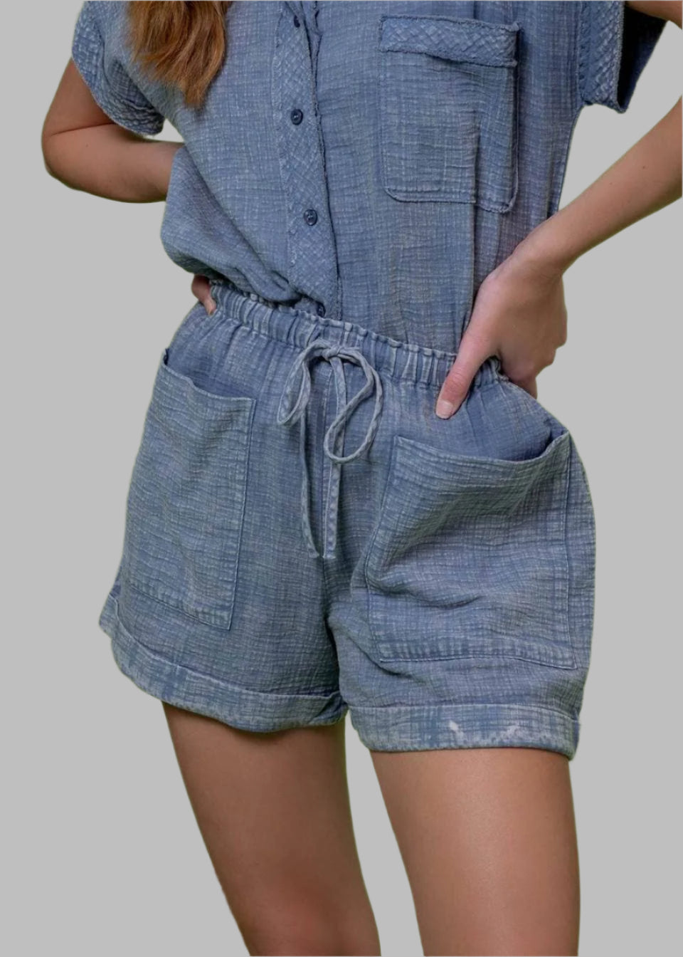 Washed Blue Drawstring Cotton Shorts