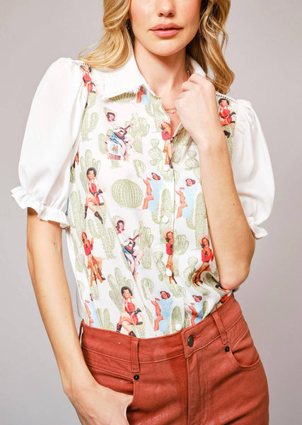 Betty Boots Cactus Print Lace Collar Blouse