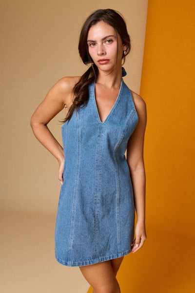 Denim Halter Mini Dress Fitted A Line