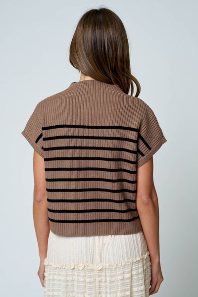 Mocha Striped Mock Neck Knit Sweater