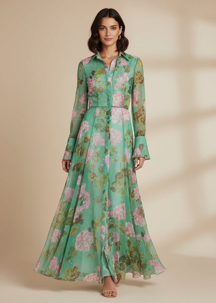 Green Floral Button‑Front Maxi Dress