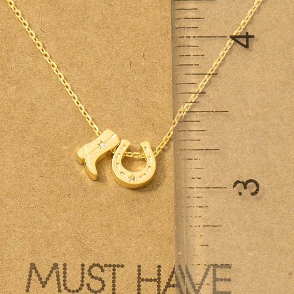 Gold Dipped Cowboy Boots Horse Shoe Charm Necklace: G