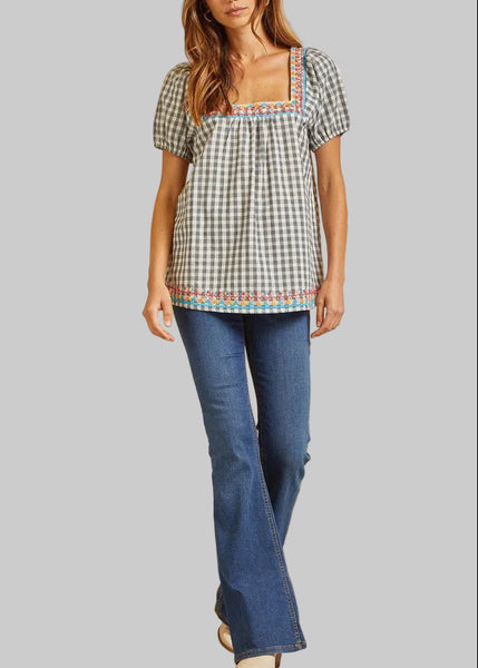 Gingham Print Top with Embroidery Detail