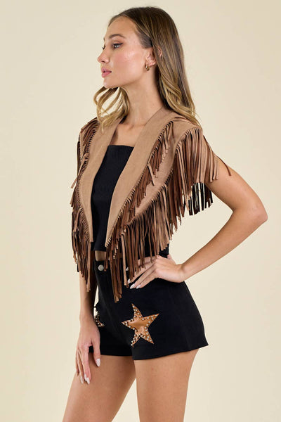 SIJ5247A TAN WESTERN FRINGE SUEDE COLLAR / SHRUG: SMALL
