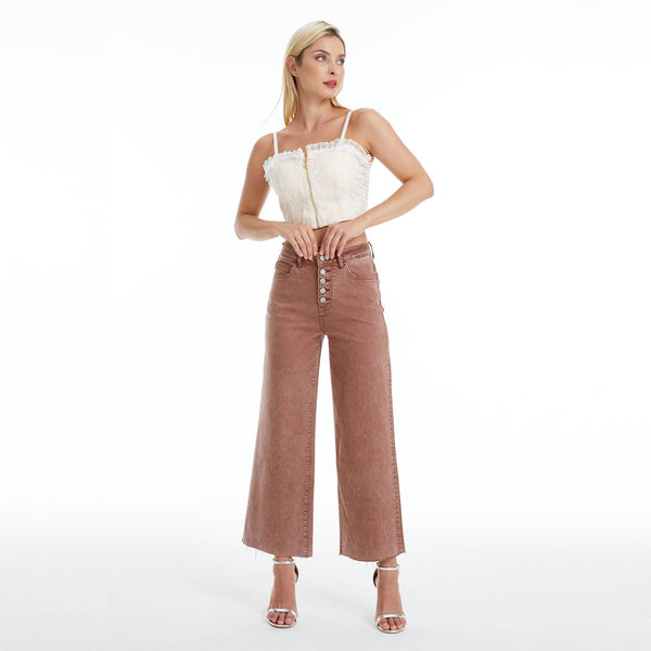 High Rise Wide Leg Raw Hem Jeans in Cappuccino Brown
