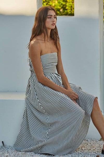 L6998 | Striped Tube Neck Strapless Flare Maxi Dress: Dusty Blue / M