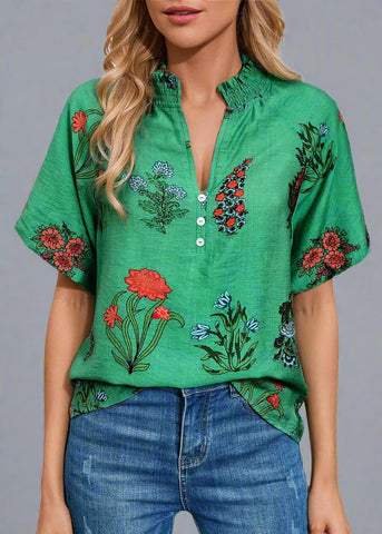Green With Envy Floral Buttoned V Neck Top