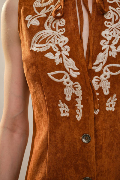 99655D Embroidered Suede Fringe Dress: BROWN / S-M-L (2-2-2)