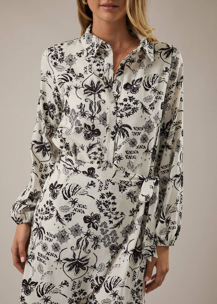Black and White Floral Faux Wrap Dress