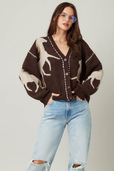 IM8672-Fall Top Rated Knit Horse Cozy Cardigan: S/M / Brown