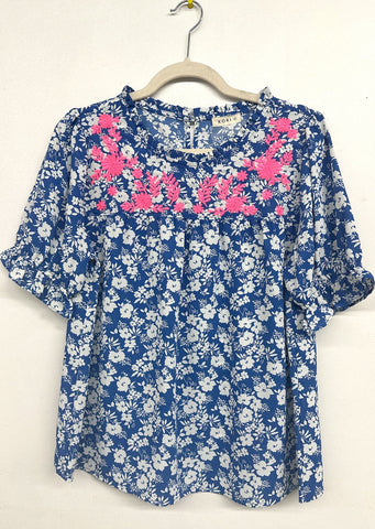 Floral Embroidery Ruffle Neck Top in Blue