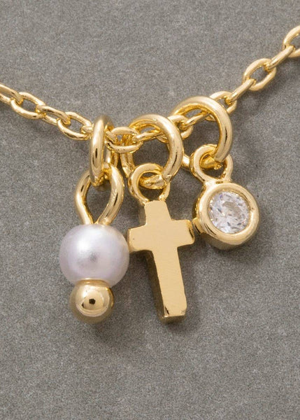 Dainty Cross, Pearl &  Cubic Zirconia Charm Cluster Necklace
