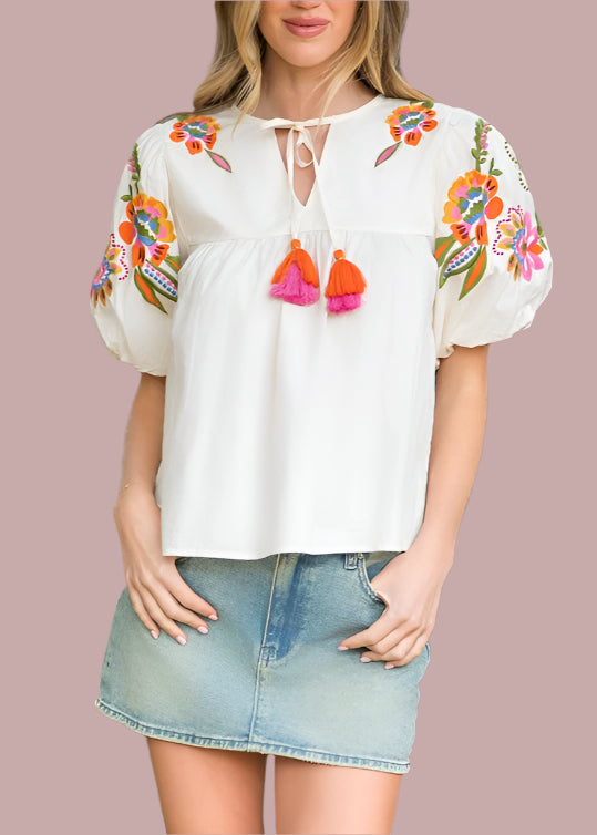 Embroidered Detail Puff Sleeve Top by THML