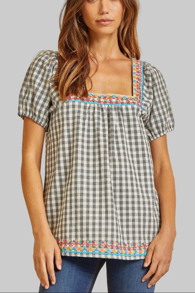 Gingham Print Top with Embroidery Detail
