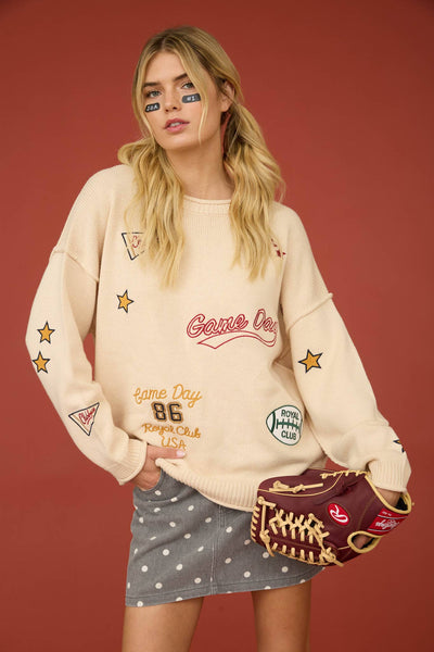 GAME DAY EMBROIDERED CREW NECK KNIT SWEATER: OATMEAL