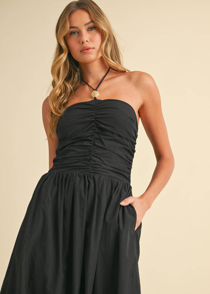 Black to Basics Halter Midi Dress with Stone Detail