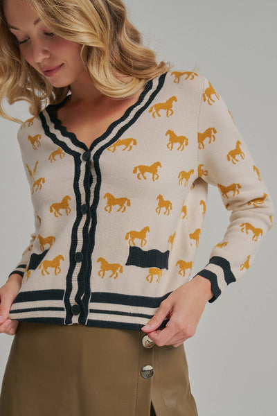 SUPER SOFT HORSE PRINT KNIT CARDIGAN_JLT00386-01: TAUPE COMBO / S-M-L(2-2-2)