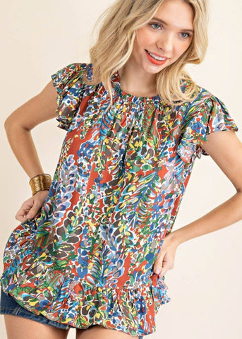 Autumn Print Ruffle Accent Top ~FINAL SALE
