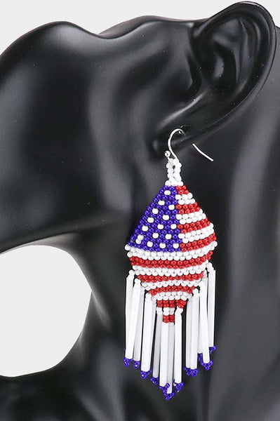 American Flag Beaded Fringe Earrings