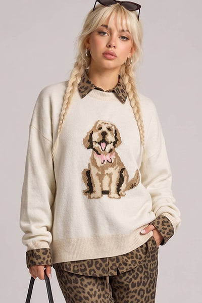 12W3674N-Cute Dog Intarsia Knit Sweater: IVORY / S-M-L/2-2-2