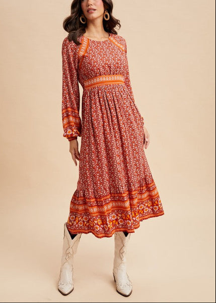 Floral Border Print Boho Midi