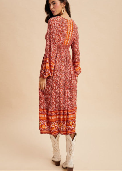 Floral Border Print Boho Midi