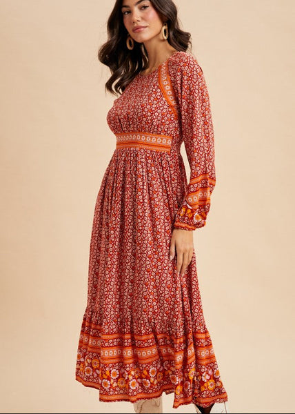 Floral Border Print Boho Midi