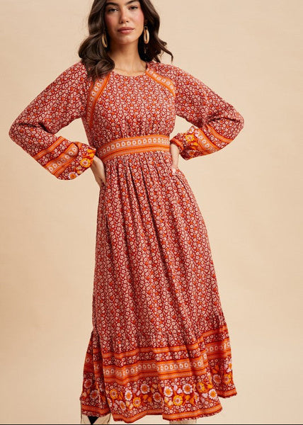 Floral Border Print Boho Midi