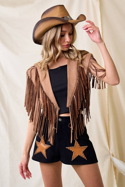 SIJ5247A TAN WESTERN FRINGE SUEDE COLLAR / SHRUG: SMALL