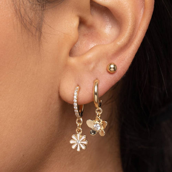 Three Pair Butterfly And Daisy Huggie Earring Set: G